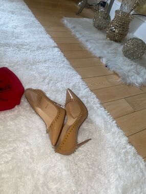 Christian Louboutin Tan Patent Leather Studded Pointed-Toe Pumps